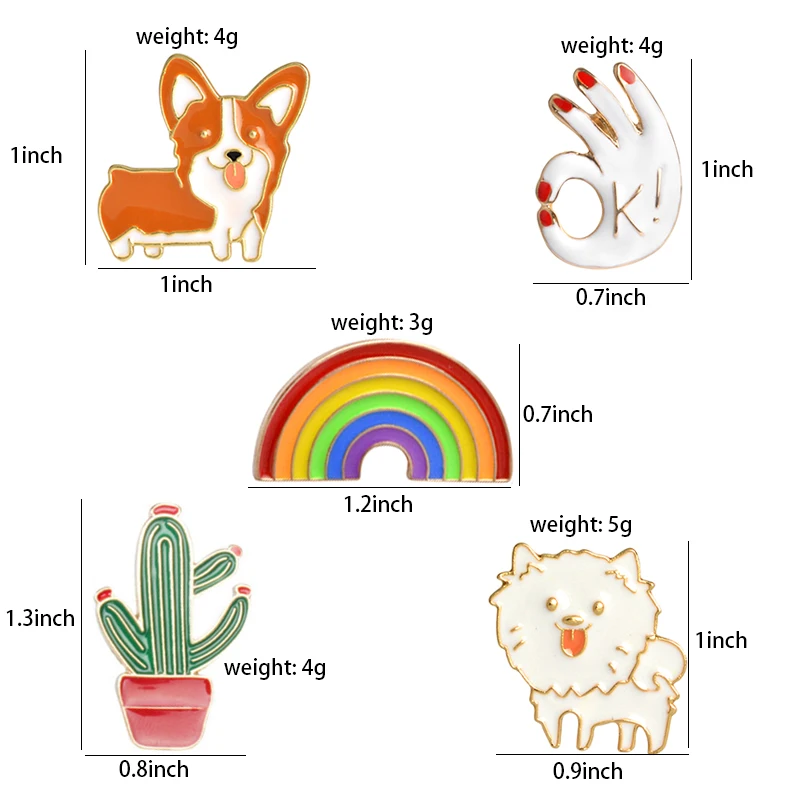 Funny Corgi Rainbow Enamel Pins Cartoon Dogs Brooches Cactus OK Gesture Clothes Lapel Pin Custom Badges Bag Gift for Kids Girl