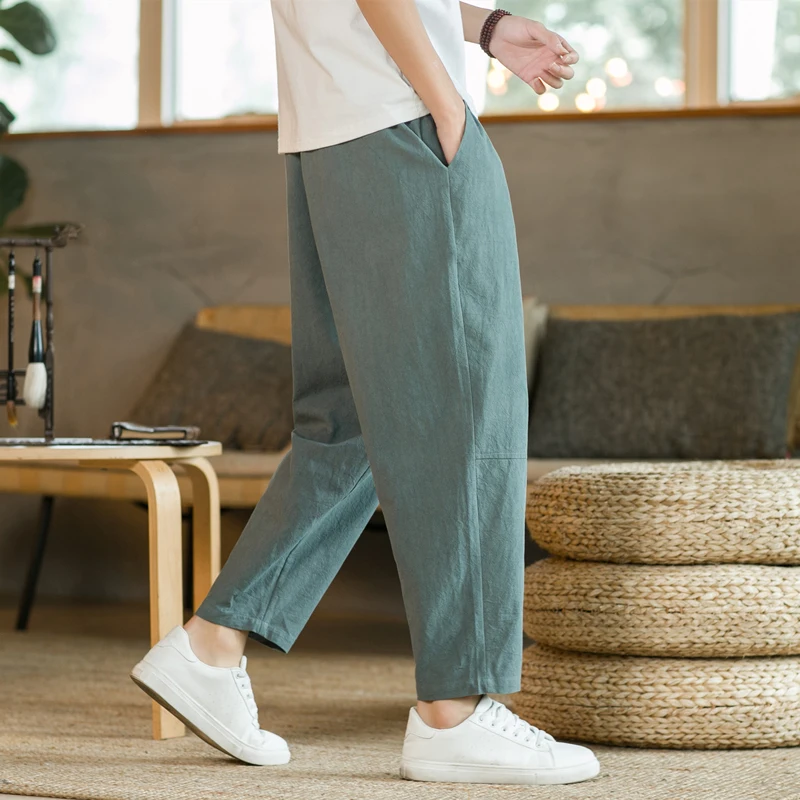 

Loose Cotton Linen Men's Summer Thin Wide Leg Casual Pants Straight Cut Harlan Trousers Lantern Pants Trendy Youth Sle