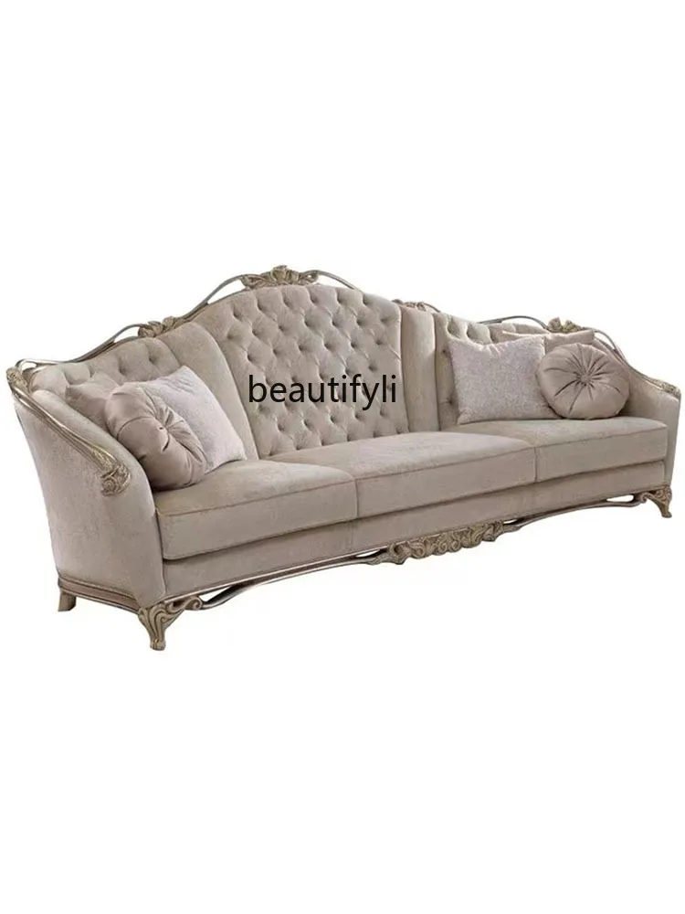 

French Court Light Luxury Fabric Multi-Person Villa Sofa European-Style Carved New Classical Solid Wood Living Room Furniture