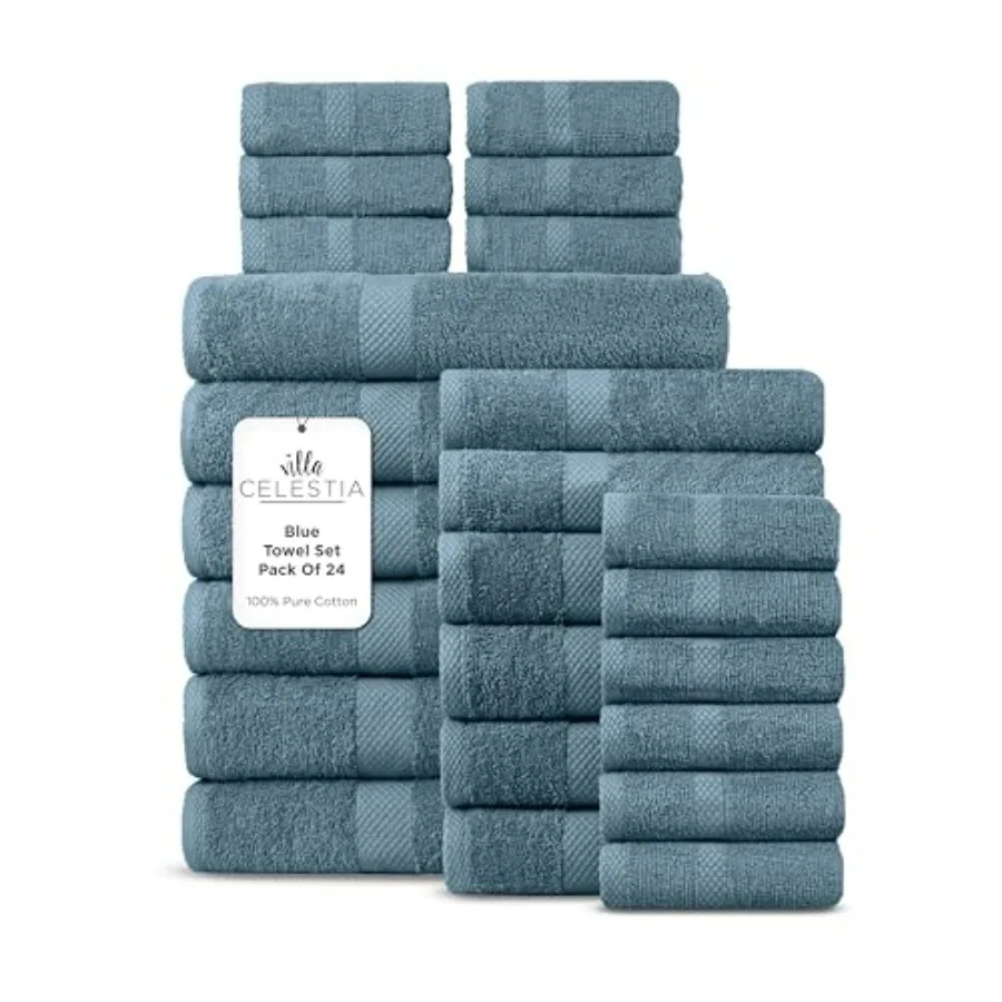 

Hotel Spa 100 Combed Cotton Bath Towel Set of 24 in Blue: 6 Bath Towels, 6 Hand Towels, 12 Wash Cloths Sustainable, Ultra-Soft,