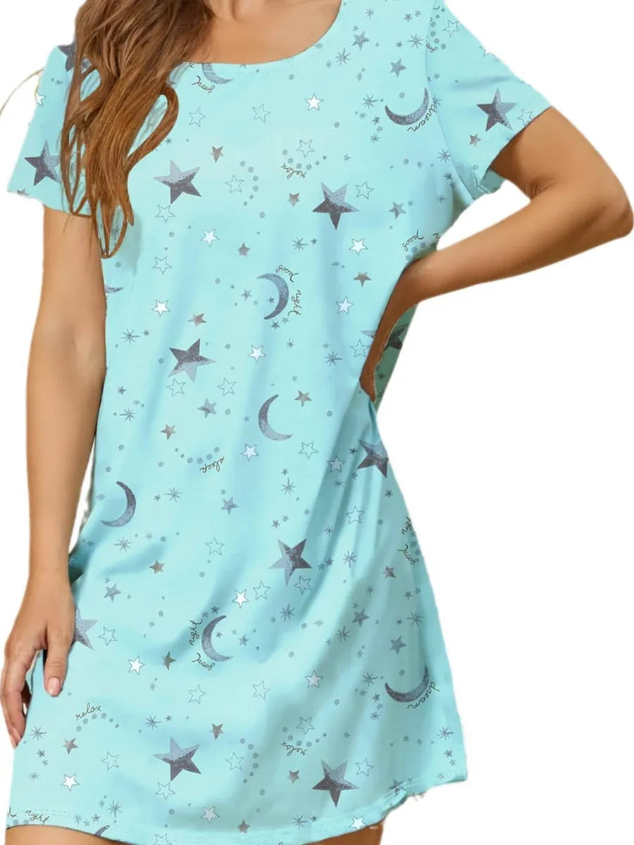 

Loose round Ne Printed Casual Nightgown Women's Comfortable Spwear ort Sle Home Clothes Spring Summer Autumn Winter