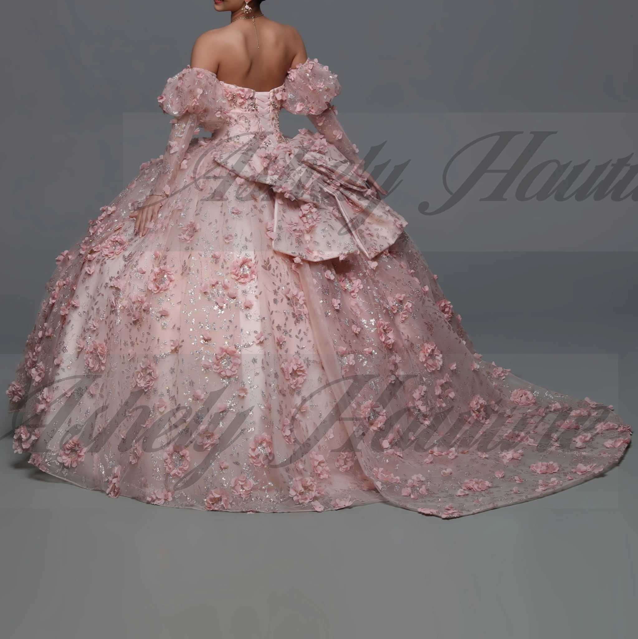 Maßgeschneidertes mexikanisches lila Damen-Abschlussball-Geburtstagsparty-Kleid mit Ärmel-Schleife, 3D-Blume, bauschiger Rock, süßes 15-/16-Mädchen-Quinceanera 14