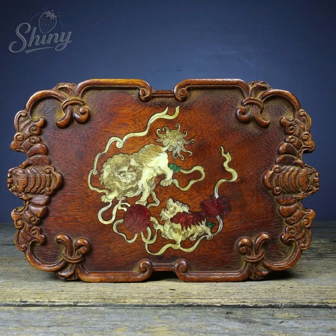 

9.8" Antique China Rosewood Carved Lion Tea Tray Inlaid Shells Home Storage Retro Rectangular Tea Tray Kung Fu Tea Set