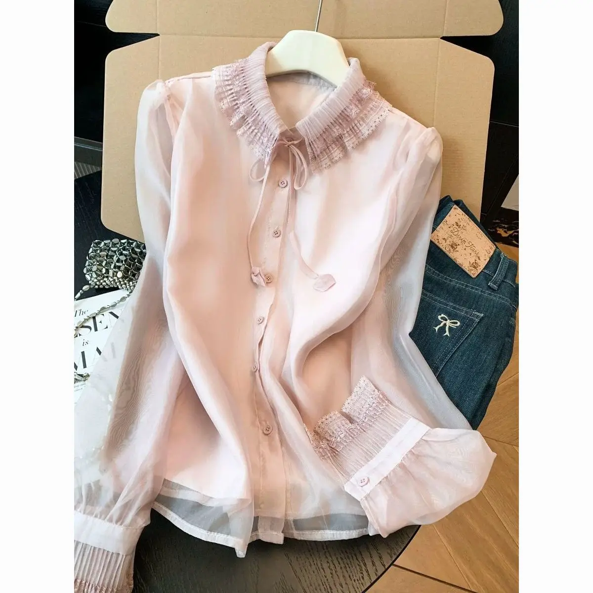 Pink Sheer Blouse with Lace Peter Pan Collar Puff Sleeves Button Front Loose Fit Summer Women Blouse