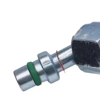 R134a Fitting Assembly Featuring 90 Degree Female Connectors and Moveable Block to Facilitate Proper Hose Engagement