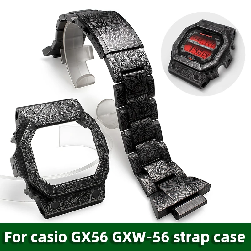 GX56/GWX56 Watch Band + Metal Bezel Case Strap for Casio G-Shock GXW56/GWX56BB -Stainless Steel Silver/Black + Replacement Tools