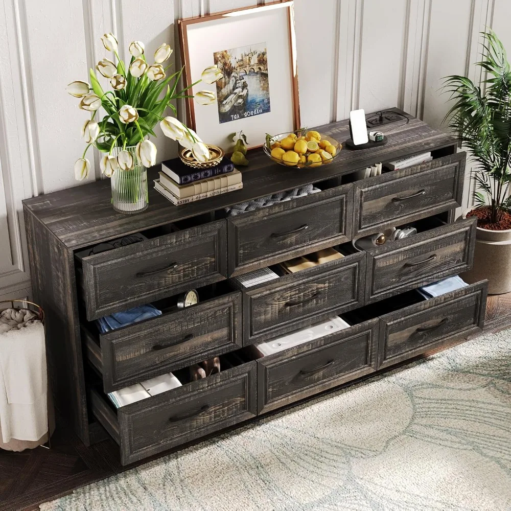Dresser for Bedroom, 9 Drawer Wide Dresser Organizer with Charging Station, TV Stand for Livingroom