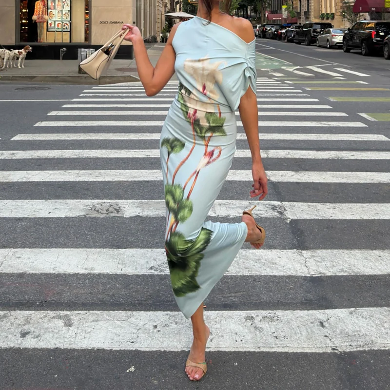 Elegant Slant Neck Sleeveless High Waist Evening Dress Vintage Printed Off Shoulder Fit Dress Sexy Spicy Girl Hug Hip Long Dress