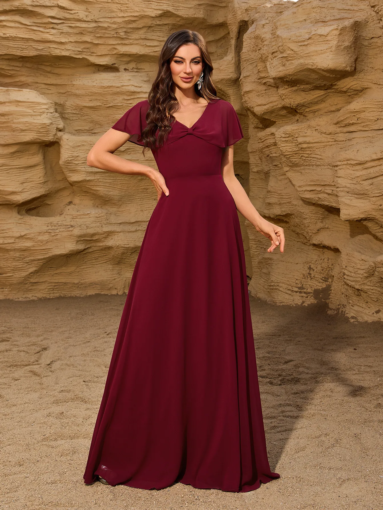 

Burgundy Chiffon A-Line Bridesmaid Dress Long V-Neck Short Sleeve Wedding Guest Gown