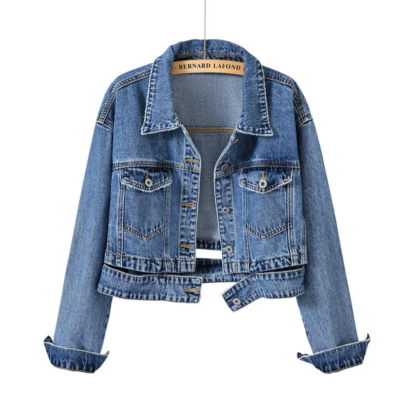 

Short Denim Jacket Spring Autumn Fashion Solid Color Loose All-match Lapel Tops Blue Black Cropped Button Pockets Outerwear