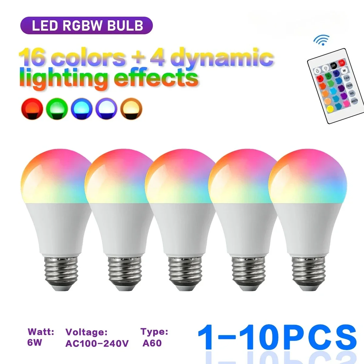 A60 LED Smart Bulb 10W E27 RGBW CCT Dimmable 220V Infrared Remote Control Color Changing Spotlight for Home Decorative Lighting