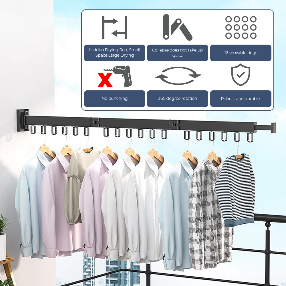 Indoor and Outdoor Aluminum Folding Clothes Hanger Cloth Drying Rack Space Saving Wall Mount Retractable