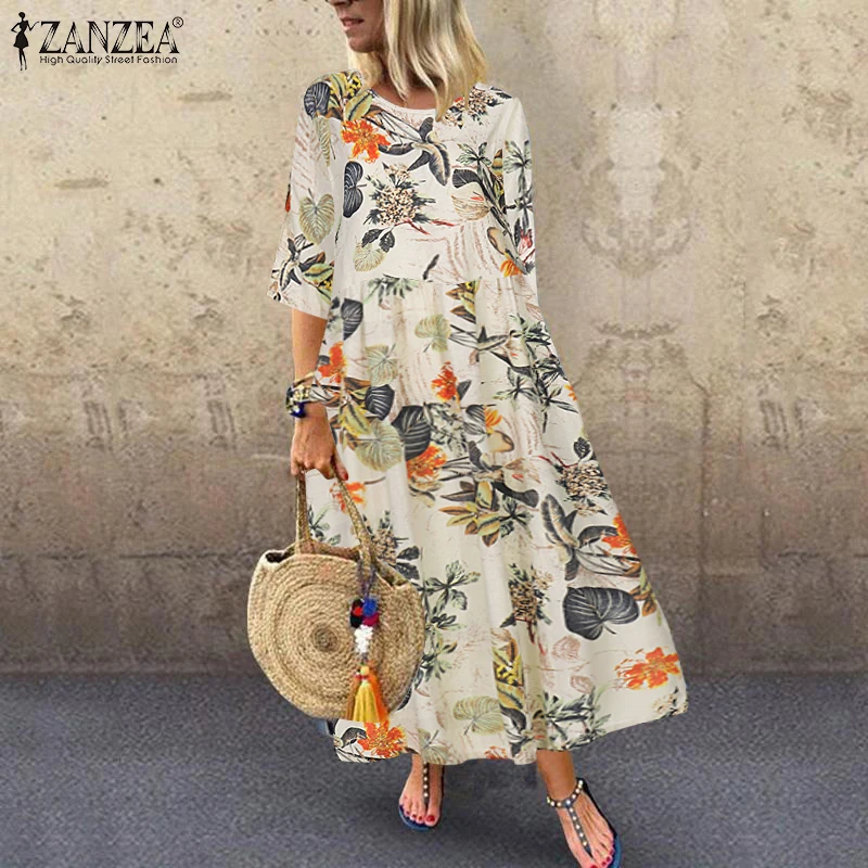 Women's Summer Short Sleeve Sundress ZANZEA Woman Floral Printed Dress Bohemian Elegant Casual Oversized  Holiday Long Dresses