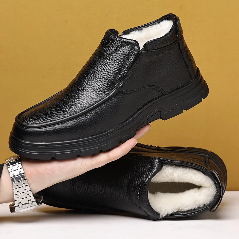 

Мужская хлопковая обувь, кожаная обувь 2026, зимняя обувь для пожилых пап с толстым бархатом, зимняя мужская обувь