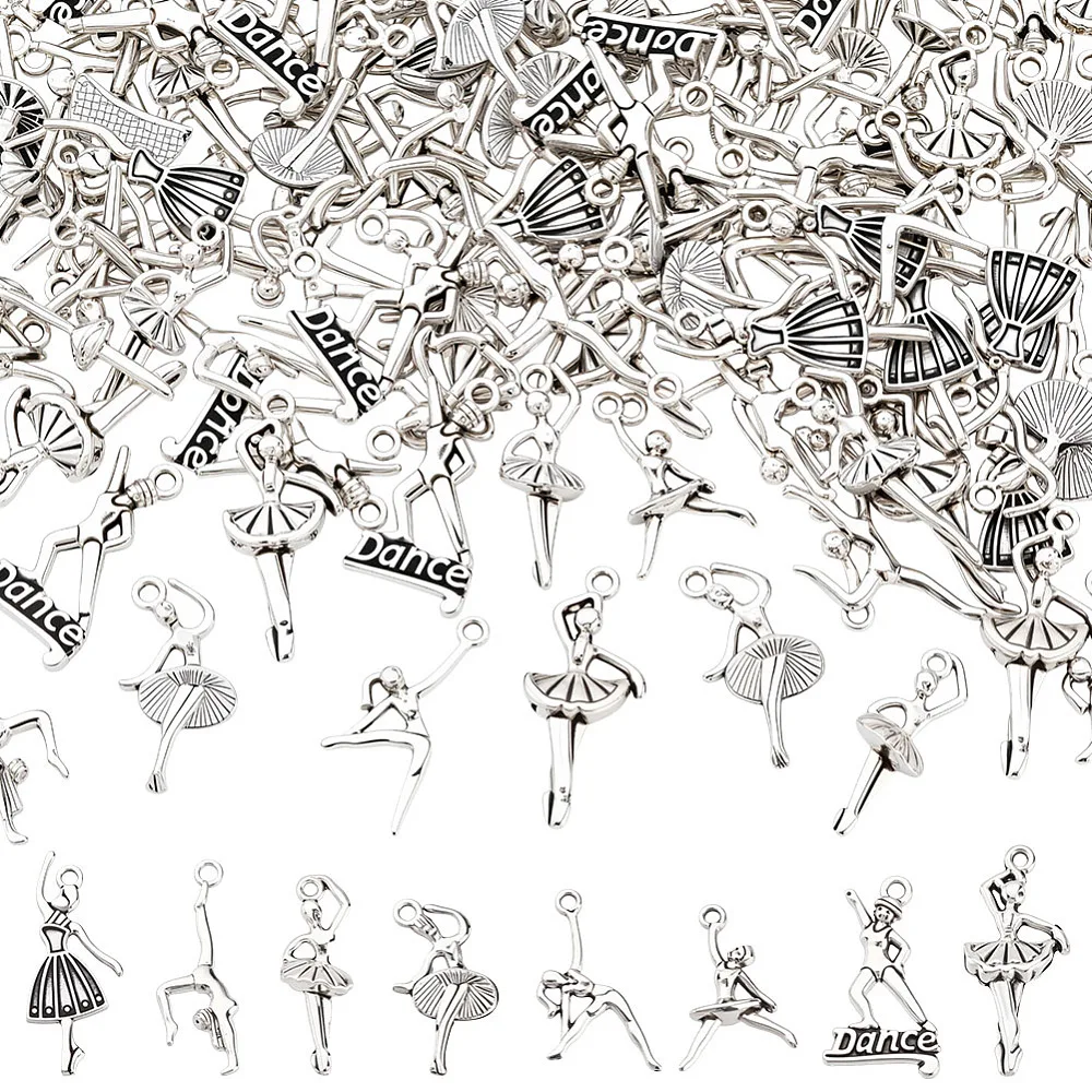 128Pcs 8 Styles Style Dancer Charm Alloy Pendants Silver Ballet Dancer Charms Assorted Dance Pendant