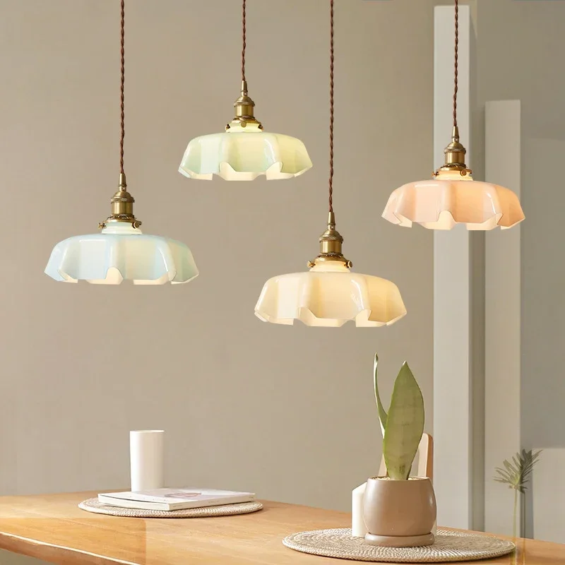 French Retro Cream Brass Pendant lighting Restaurant  Glass Retro Brass Pendant light Bay Window  Romantic Balcony Bedside Lamp