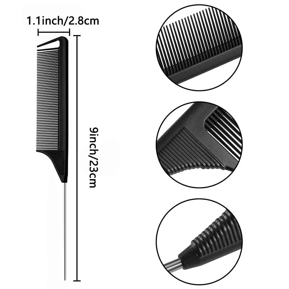 3 قطع من مشط ذيل الحصان الاحترافي ذو الذيل المدبب، مشط شعر صبغ من الفولاذ المقاوم للصدأ مضاد للكهرباء الساكنة خاص للشعر المستعار الحقيقي #2