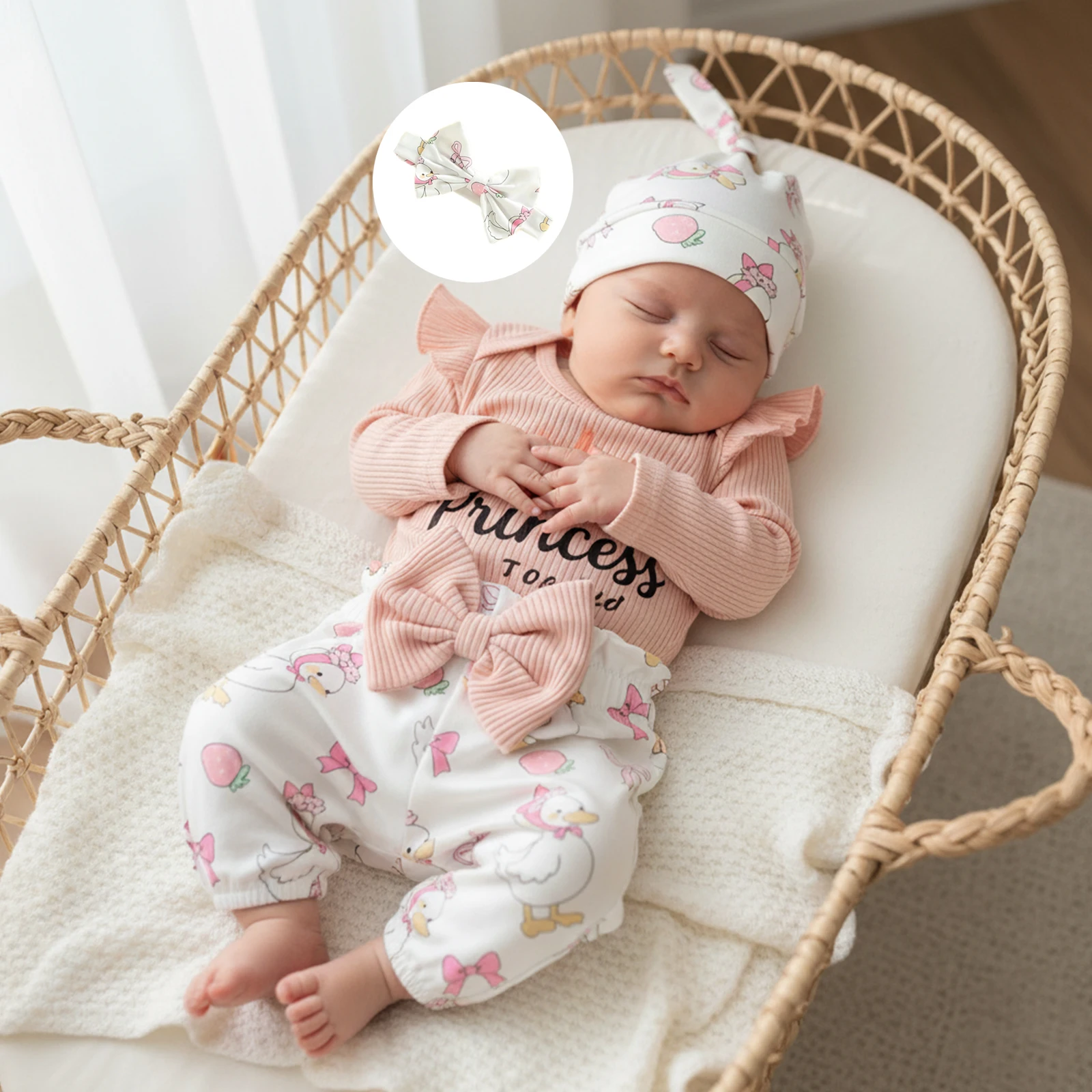 4pcs Set Infant Baby Girls Outfits Ruffle Long Sleeve Crew Neck Letters Print Romper Elastic Waist Pants Headband Hat Set
