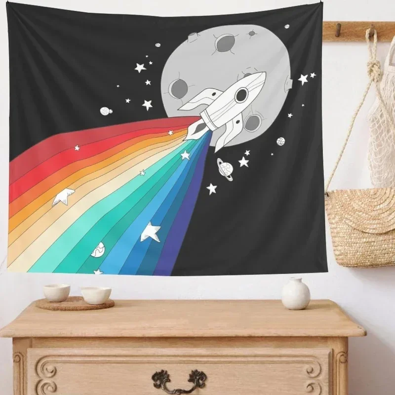 Vintage room decor tapestry cartoon space rocket rainbow wall hanging home living room dorm background bedroom decor aesthetics