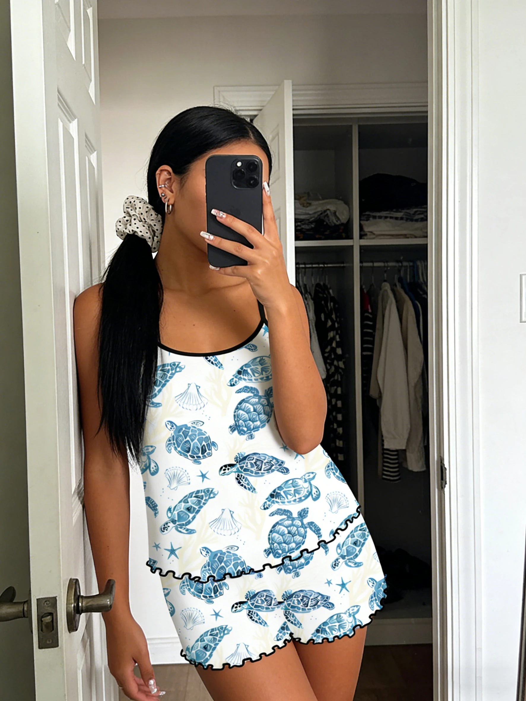 Women 2pcs Pajamas Set Round Neck Spaghetti Strap Sleeveless Cami Ruffle Hem Shorts Spring Summer Fall Cute Sea Turtle Print