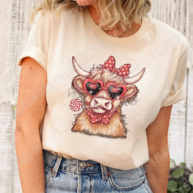 

Valentine's Day Cow Graphic T-shirts For Women Summer Popular Solid Color Tee Shirt Casual Short Sleeve Round Neck Tops T Shirts