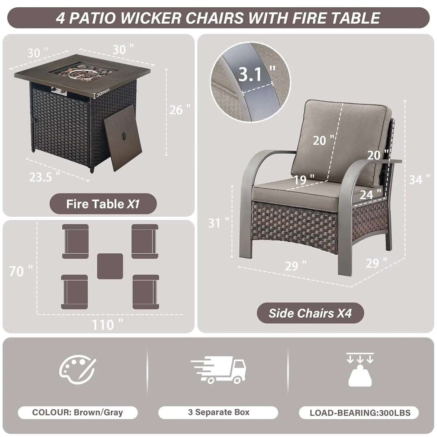 5 Piece Patio Furniture Set with Fire Pit Table - Outdoor Conversation Set with Propane Fire Pit and 4 Wicker, Customized