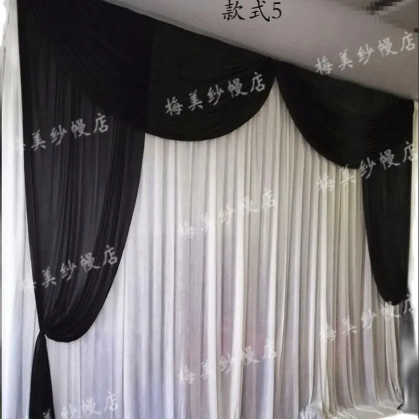 Stage Backdrop Curtain 3m Hx 3m W Hot Sale White Silk with Black swag drapes Mesh Curtain Drape Formal Event Wedding Backdrop