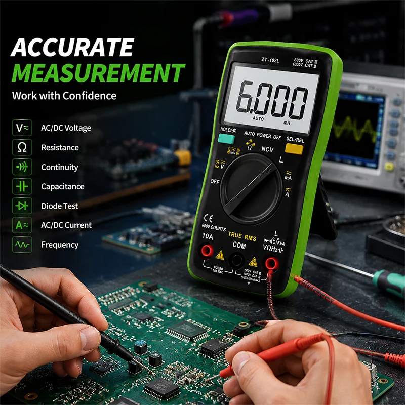 True RMS ZOYI ZT‑102L 6000 Counts Auto‑Ranging Multimeter,Inductance Capacitance Frequency NCV Overload Protection Digital Test