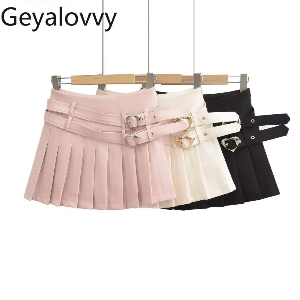 

Cute Preppy Style Mini Skirts Sweet Double Belt Pure Desire Pink Heart Buckle Hot Girl Anti-Exposure Short Pleated Y2k Skirt