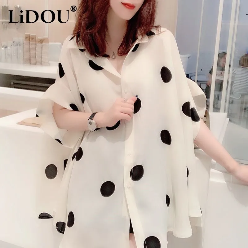 

Tops Women New Blouse Spring Summer Short Sleeve Polo-neck Loose Printing Single-breasted Cardigan Casual Fashion Office Lady