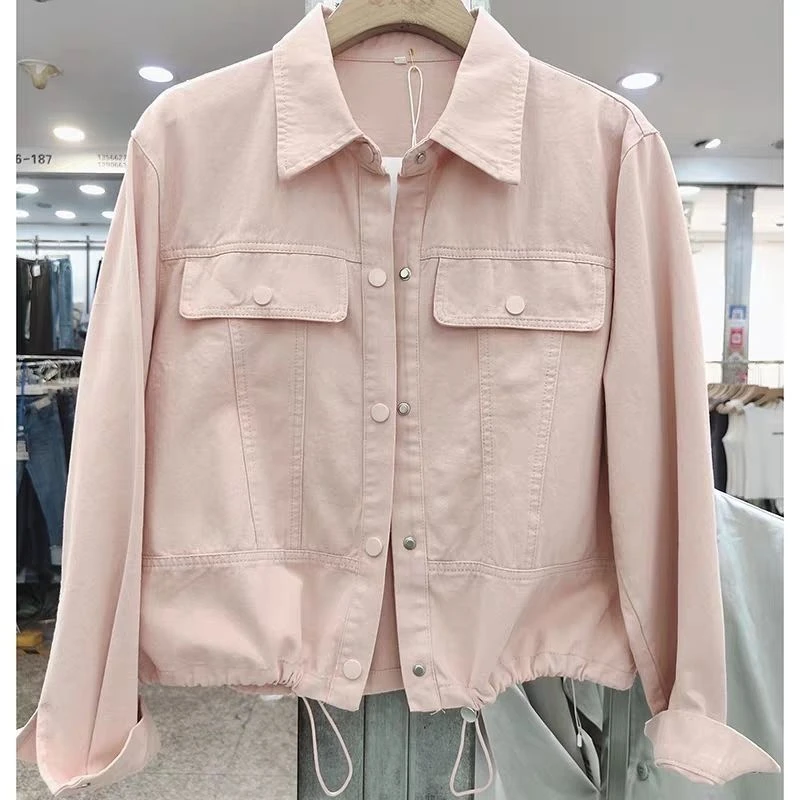Casual Loose Short Jacket Women's Light Blue Flip Collar Oversized Versatile Autumn Fashionable Top Simple Style Premium Feeling