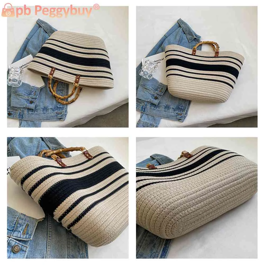 Ladies Woven Tote Bamboo Handle Holiday Hand Bag Large Capacity Striped Portable Casual Fashion Exquisite for Seaside Party