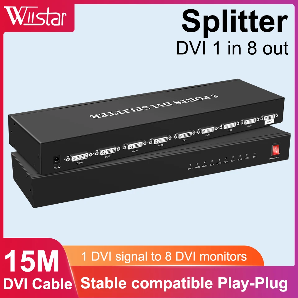 

DVI Split ter 1x8 DVI 1 в 8 Out 8Port DVI Дубликатор распределения разделитель тер Sup порт s разрешение до 1080P для восьми разделенных экранов