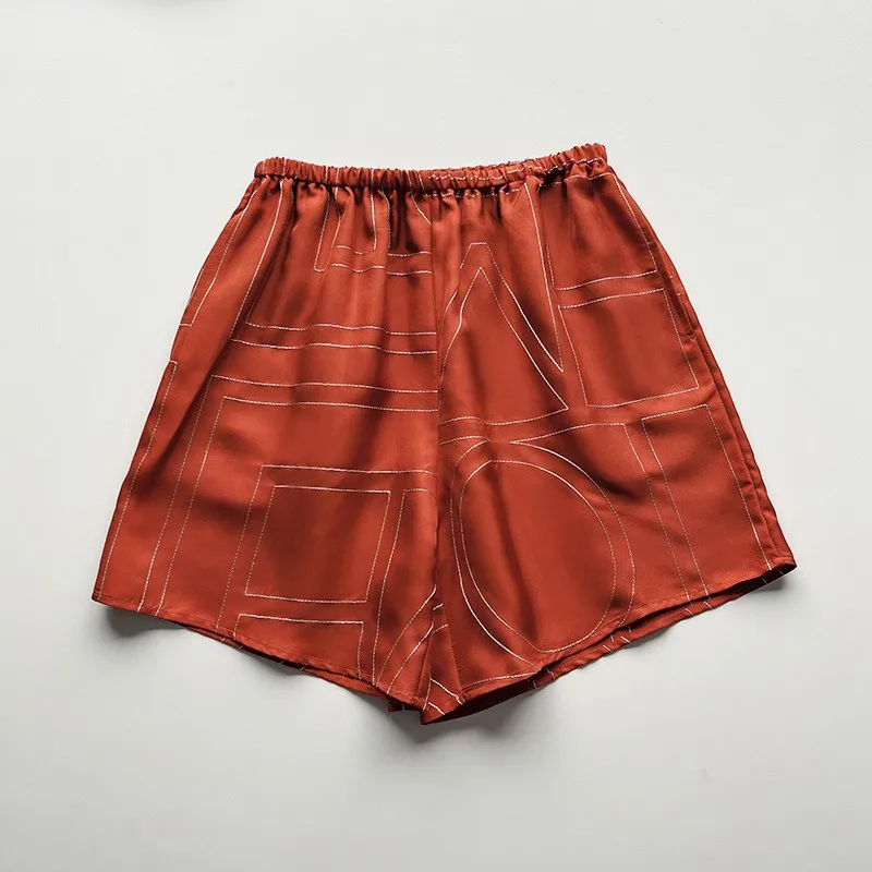 Summer Silk Embroidered Letters Embroidered Silk Shorts Twill Silk Glossy Casual Pants