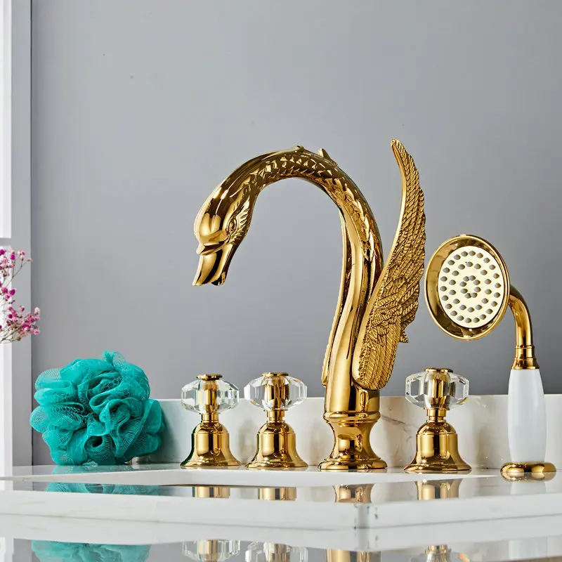 Tuqiu Bathroom Faucet Gold Bathtub Faucet Shower Head Swan Widespread Basin Mixer With Hand Showe Head Hot And Cold Water Tap