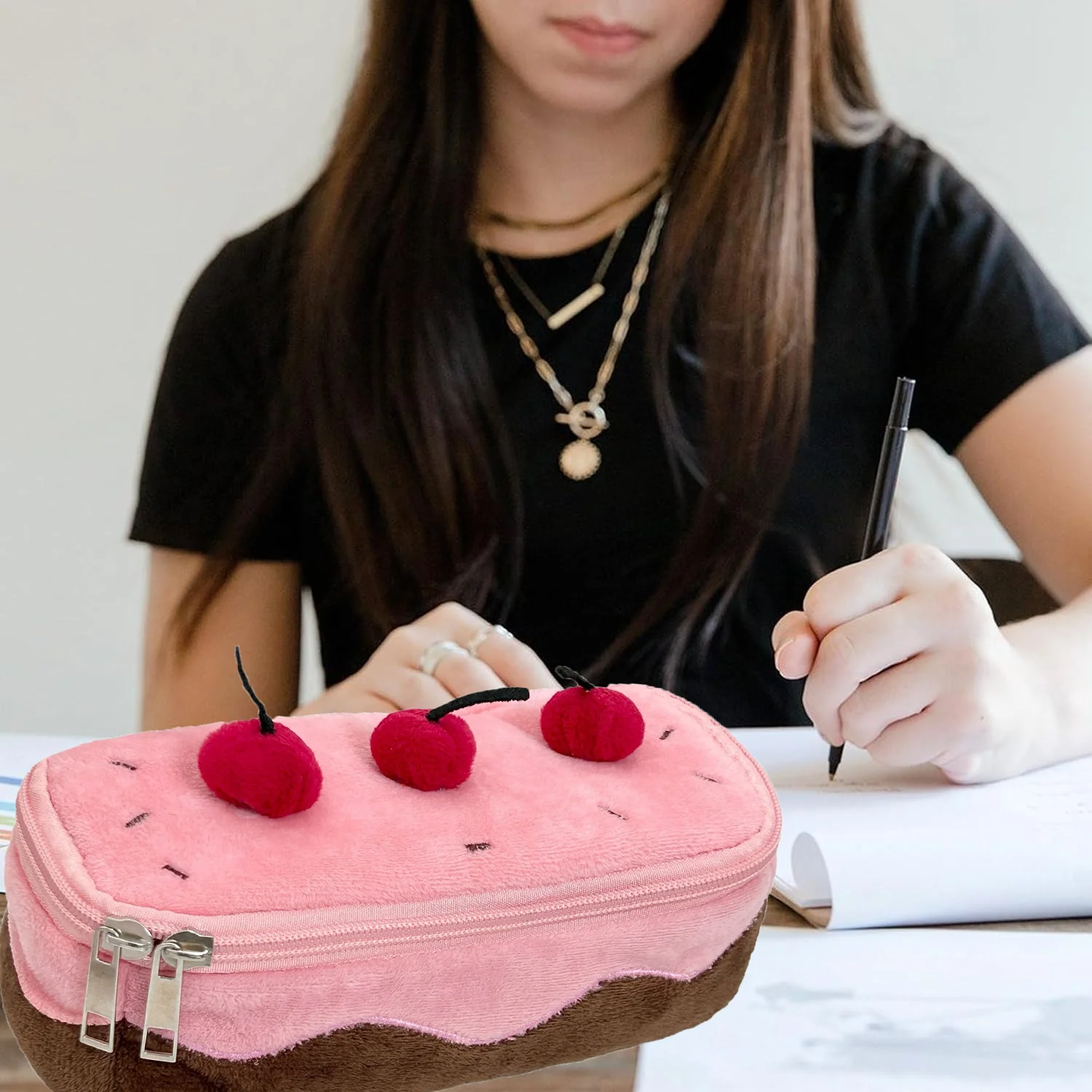 1 piece Cute Plush Cherry Cake Pencil Case   Large Capacity Stationery Bag Student Stationery Bag Storage Bag image 6