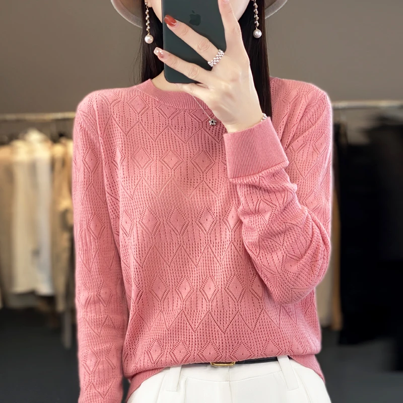 New Women Wool Blend Sweater Spring O-neck Geometric Hollow Pullover Fashion Soft Sweater Loose Casual Knit Base Tops