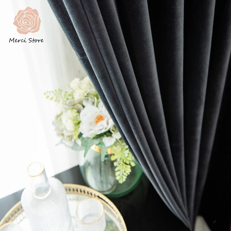 

Elegant Black Velvet Cat Scratch Proof Curtains for Living Room Bedroom Full Blackout Plush Thermal Insulated Drapes