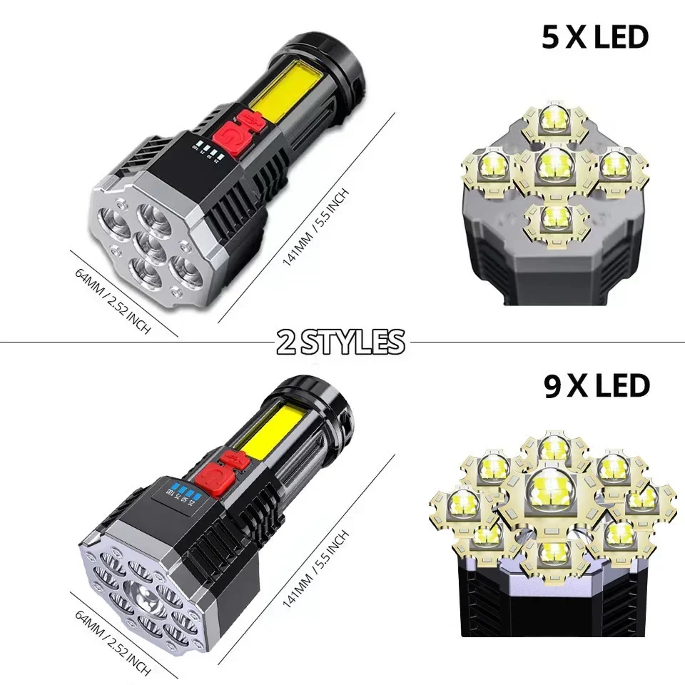 High Power 7LED FlashLight USB Rechargeable COB Side Lights 4 Modes Torch With Power Display Outdoor Lightweight Camping Torch