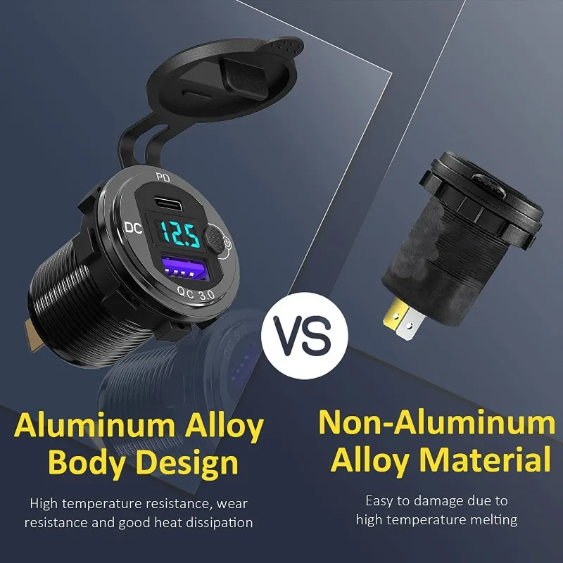 Cyfrowy wyświetlacz napięcia Ładowarka samochodowa, szybka ładowarka ze stopu aluminium z wbudowanym kablem, adapter Quick Charge 3.0 do samochodu/ciężarówki/kampera