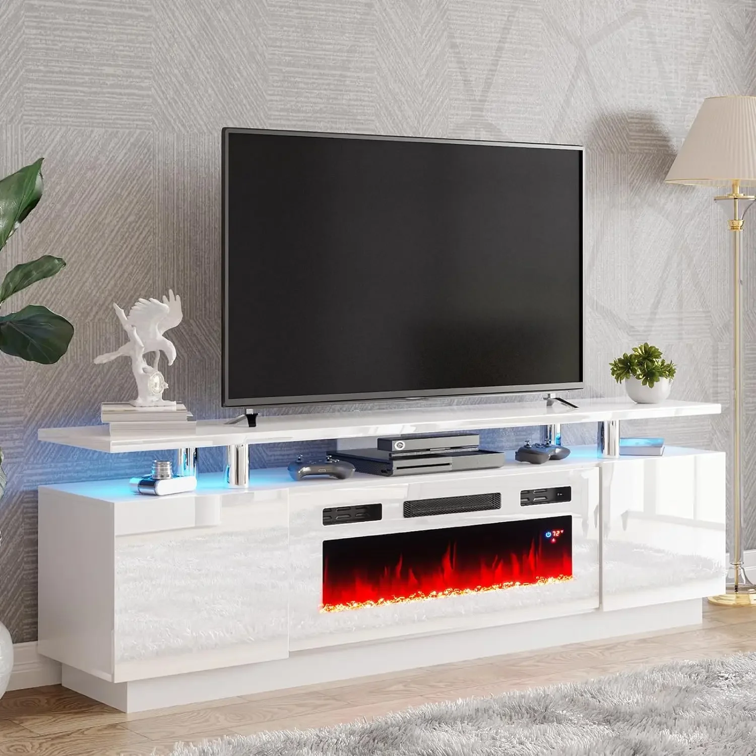 

Fireplace TV Stand with 36" White Fireplace 70" Modern High Gloss Fireplace Entertainment Center LED Lights 2 Tier TV Console