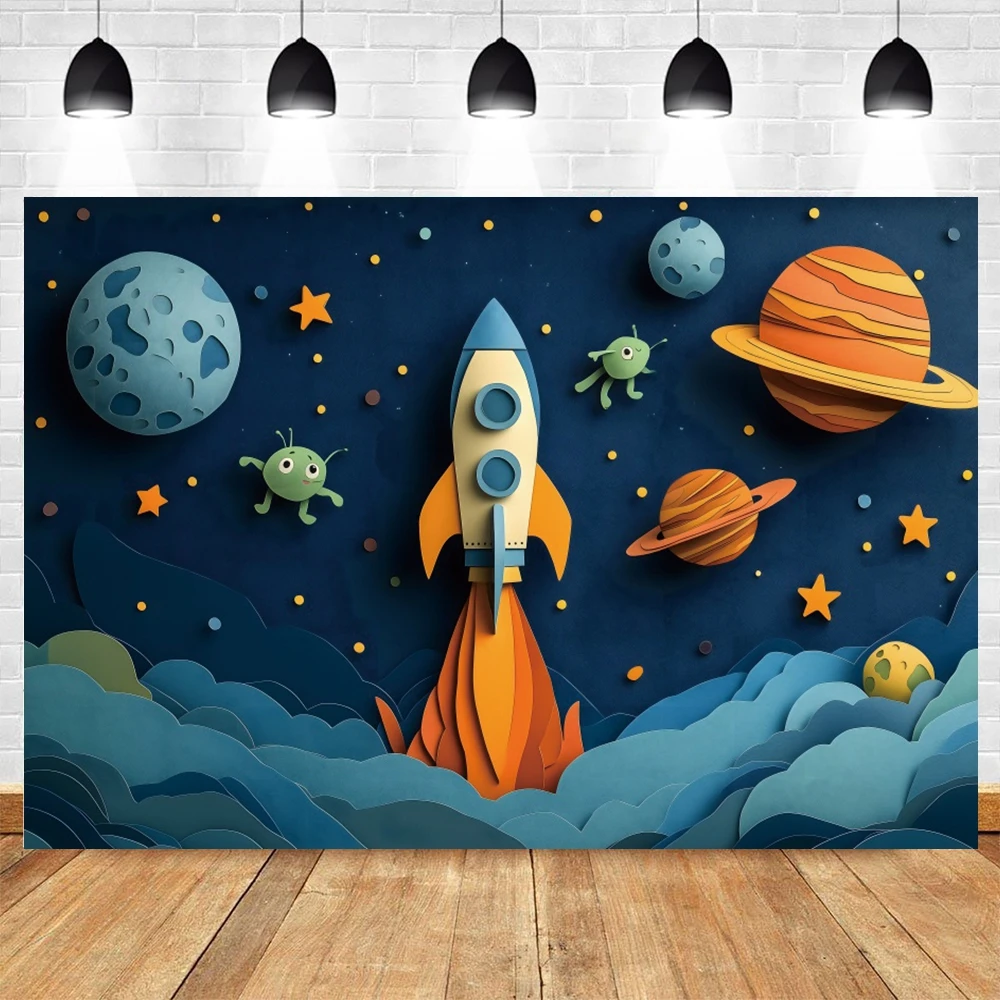 خلفية الفضاء لرائد الفضاء للتصوير الفوتوغرافي لحفلة عيد ميلاد الطفل بالون الفضاء الخارجي كوكب المجرة كعكة سحق صورة خلفية ديكور