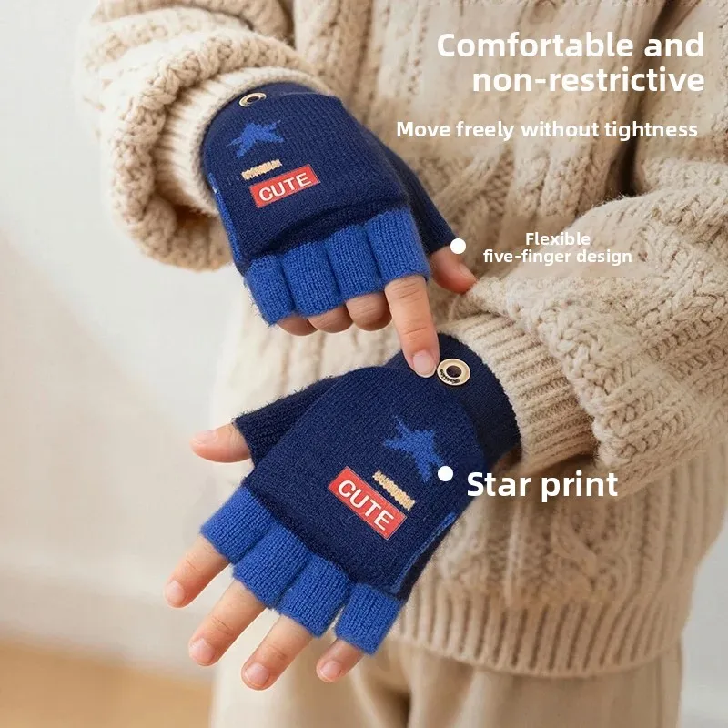 Children's Winter Warm Gloves Five-Finger Flip Cover Writing Small Students Half-Finger Homework Big Kids Casual Thickened Gl...