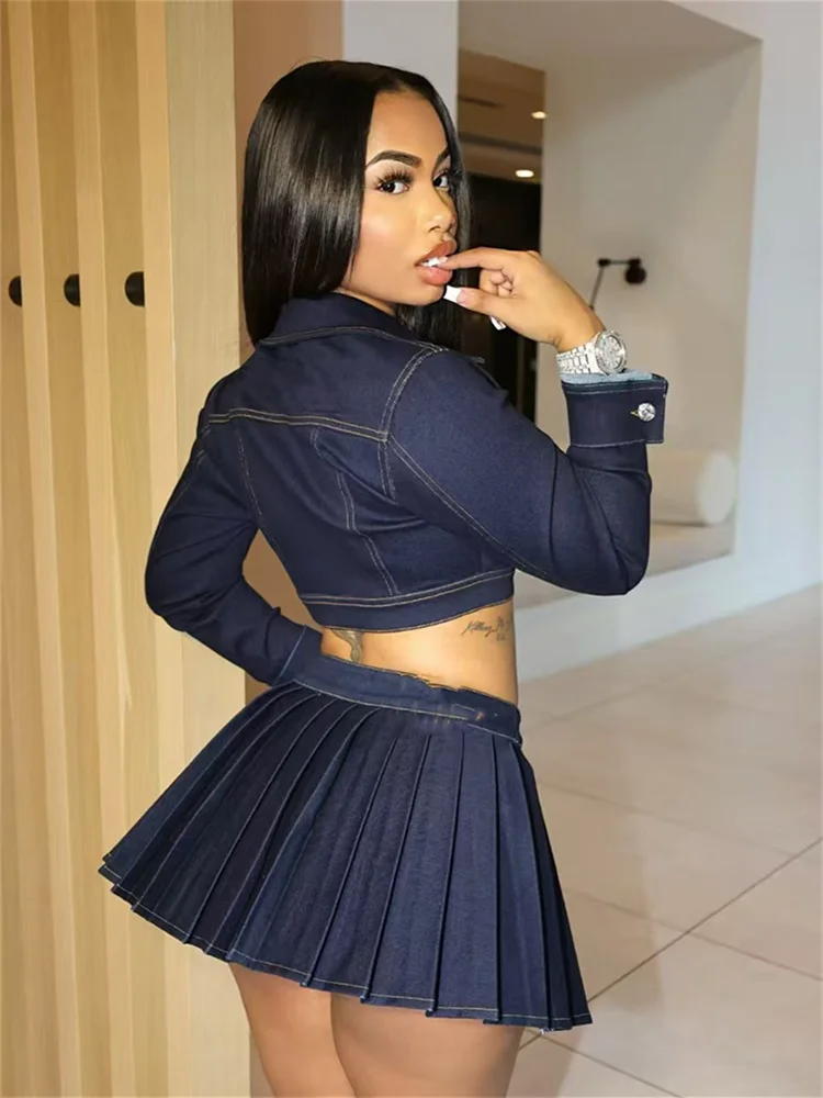 Cutenew Hottie Sexy Denim 2-teiliges Set Damen Einreiher Revers Jacke + Falten Minirock Passende Stretch Skinny Outfits