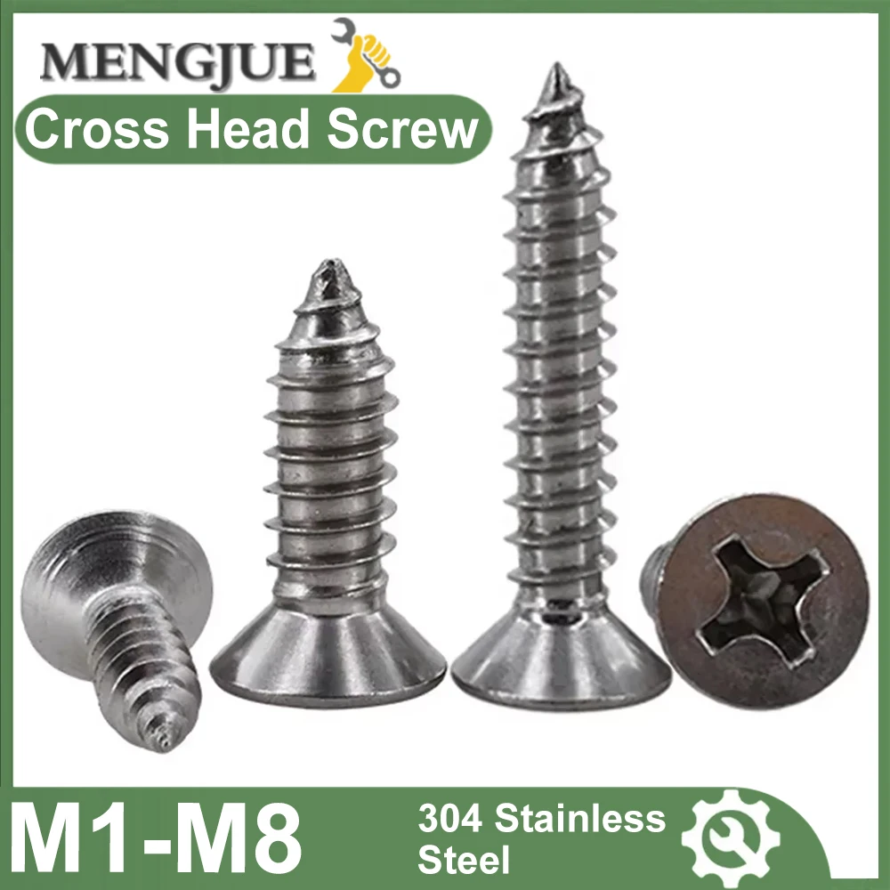 

100-10pcs M1.2 M1.5 M2 M2.3 M2.6 M3 M3.5 M4 M5 M6 M8 304 Stainless Steel Phillips Cross Countersunk Flat Head Self-tapping Screw