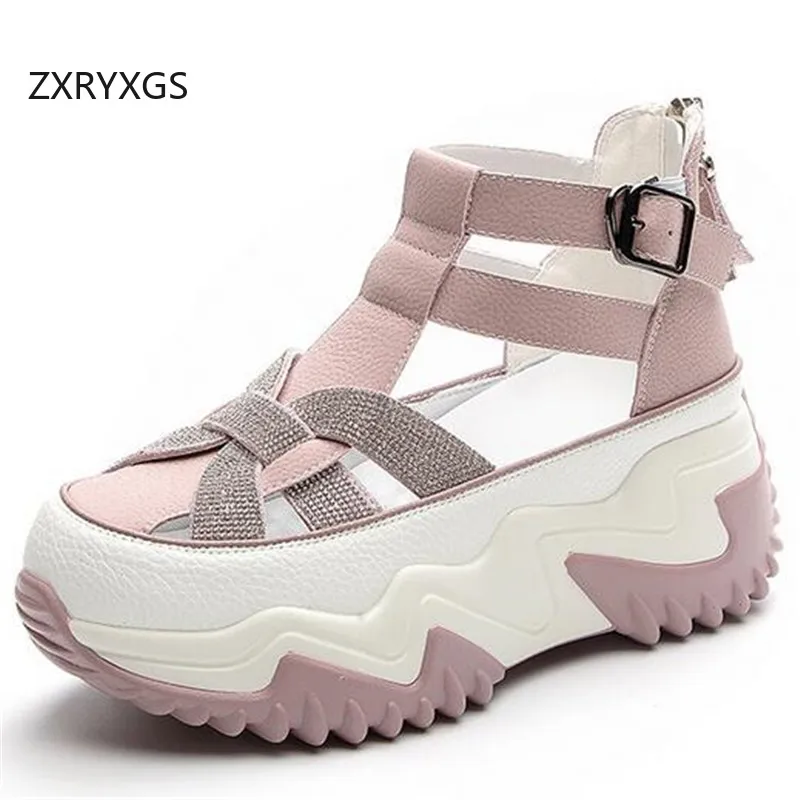 ZXRYXGS Summer Women Sandals Platform Non-slip Elevated Sandals Cool Boots 2024 Genuine Leather Rhinestones Sandals Roman Shoes