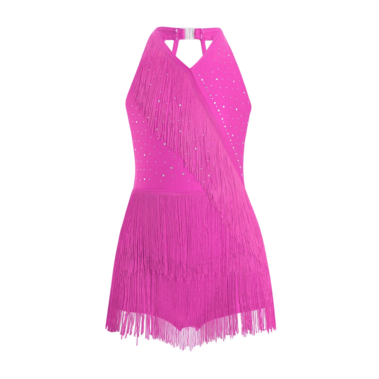Kid Girls Latin Dance Tango Cha-cha Costume Glittery Rhinestones Halter Sleeveless Fringe Dress Leotard for Ballroom Samba Salsa