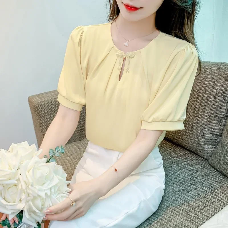 Designed Buttoned Satin Chiffon Blouse for Women Summer Puff Short-sleeved Sweet Chic Top