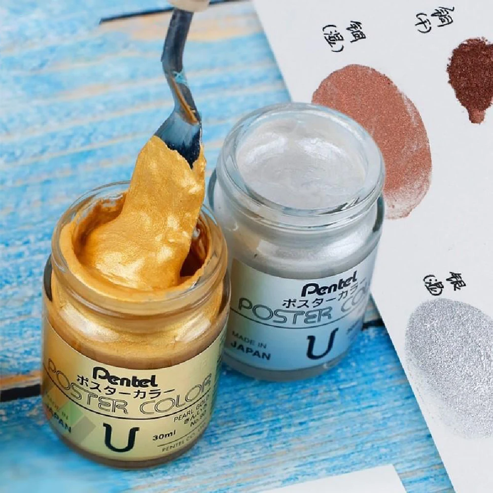 Japan Pentel Gouache Paint 30ml Shimmer Metallic Gold Silver Fluorescent Pigment Advertising Watercolor Painting Art Supplies