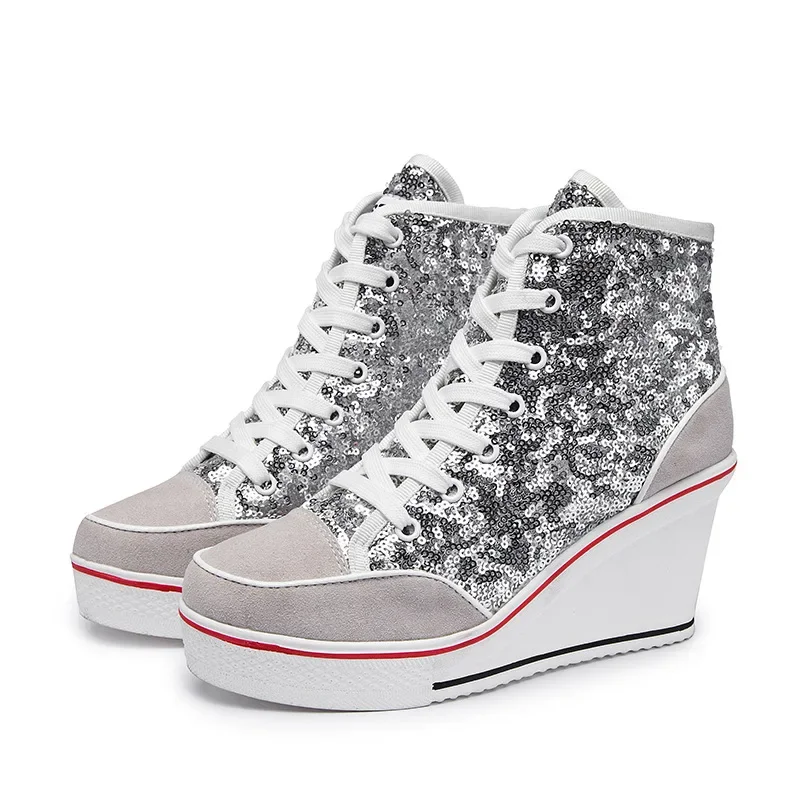 High Top Women Height Increasing Wedges Lace Up Shoes Flats Casual Ankle High Top Sliver Canvas Shoes Glitter Sequins Plue Size